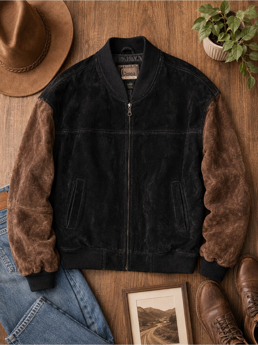 Genoa Men’s Black & Brown Suede Leather Bomber Jacket Size XXL